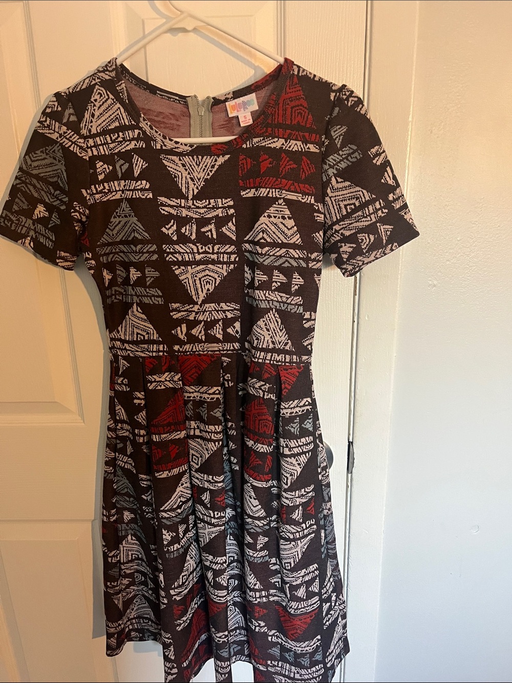 Brown Tribal Print Fit-and-Flare Dress with Red Accents size small